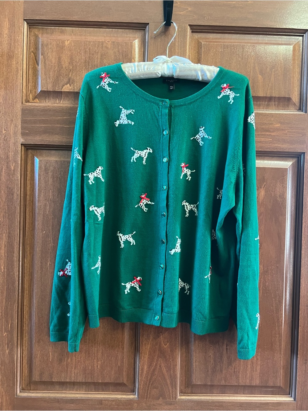 Talbots Cardigan Button Front with Dalmatians and Red Bows Green Size XLP